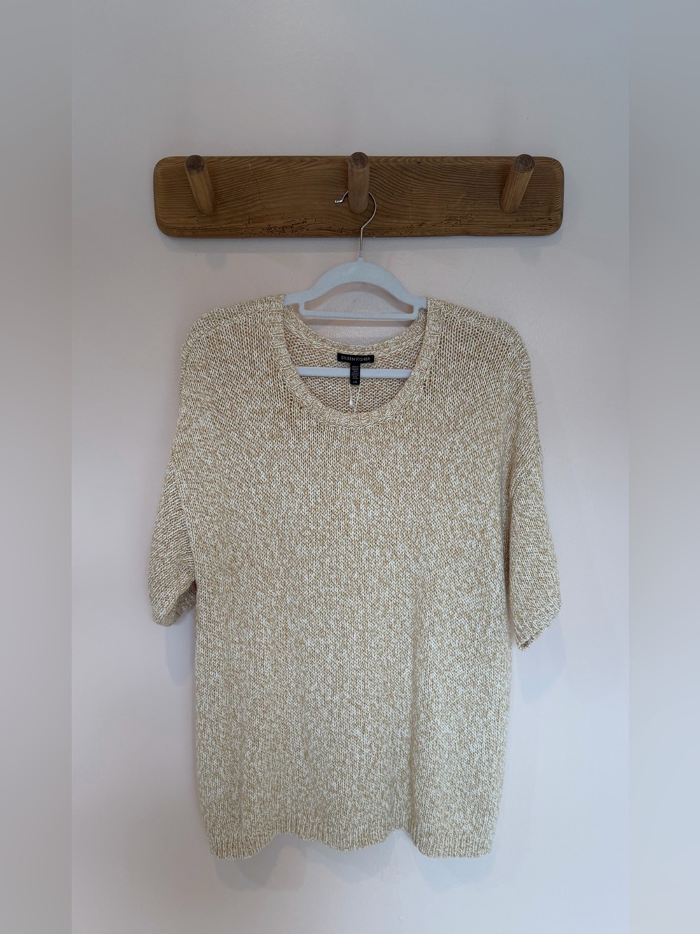 Eileen Fisher Cream-Melange Short Sleeve Knit Top - L